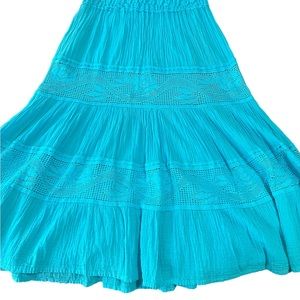 Tiered, crinkle turquoise peasant skirt. 100% Cotton. Made in Greece.